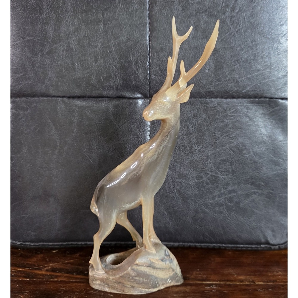Vintage Hand Carved Natural (Buffelo?) Horn Stag Deer Figurine Sculpture 9.5"